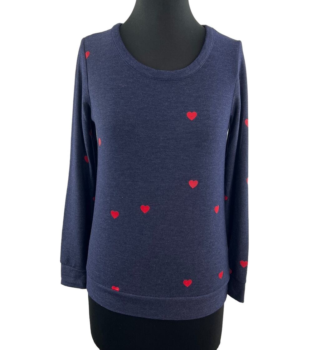 CHASER Heart Print Navy Blue Sweater Round Neck Stretch Pullover Size S Small